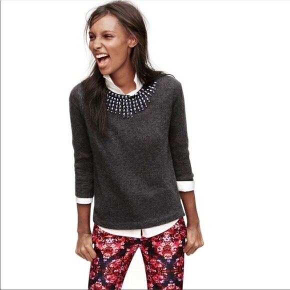 J. Crew | Black Jeweled Starburst Pullover Crew Neck Wool Blend Sweater | S - Picture 2 of 13